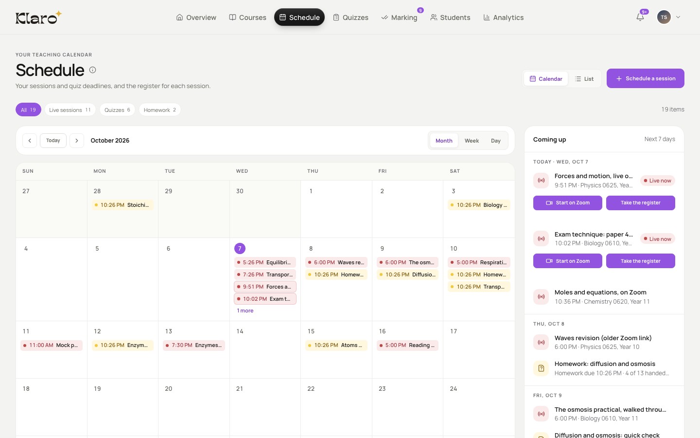 Klaro's teaching calendar on a sample course: classes, quizzes and homework, with the classes coming up
