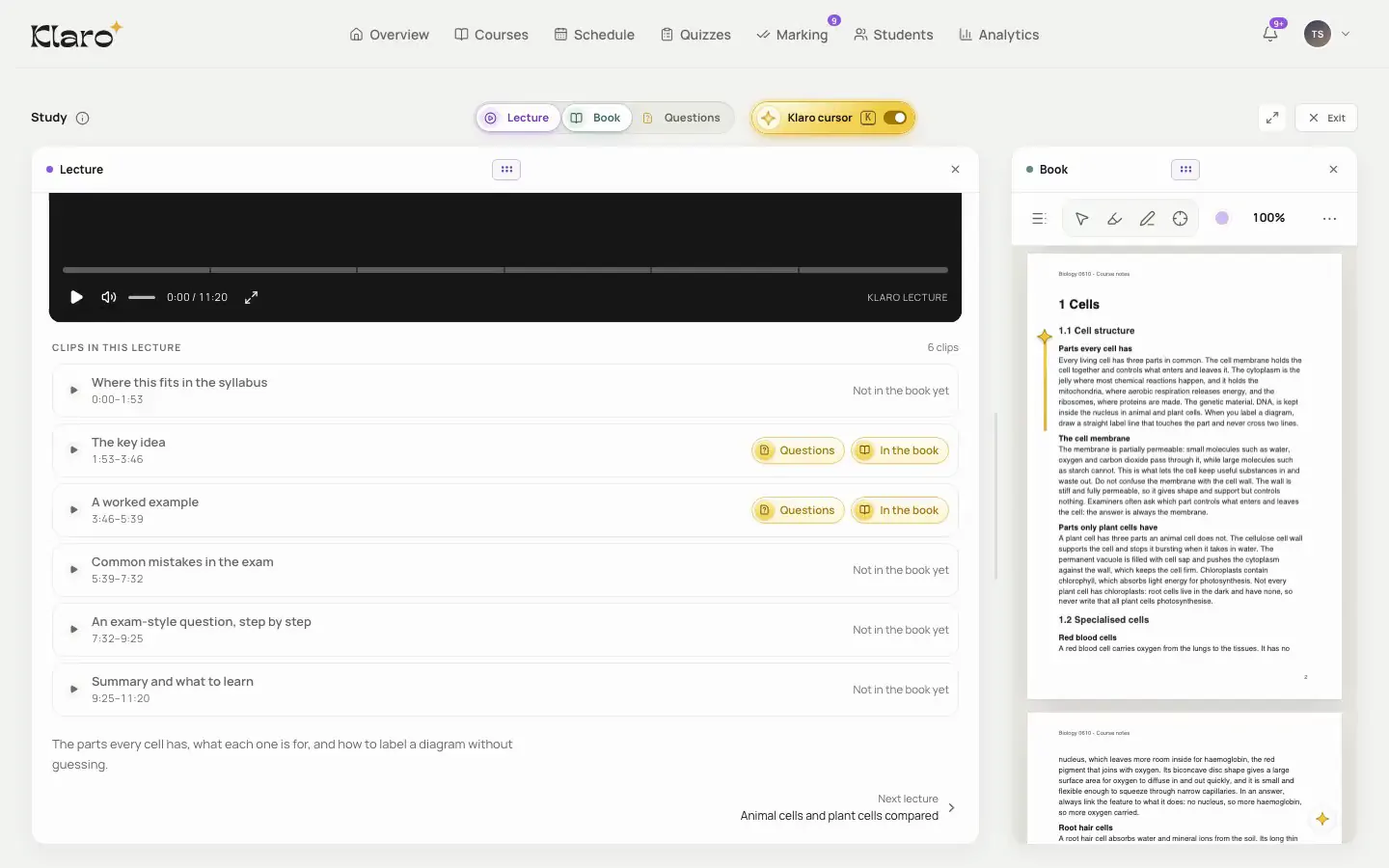 Klaro's study view on a sample course: a lecture's clips with their titles and times, two of them with Questions and In the book, beside the course book open at the part one of them explains