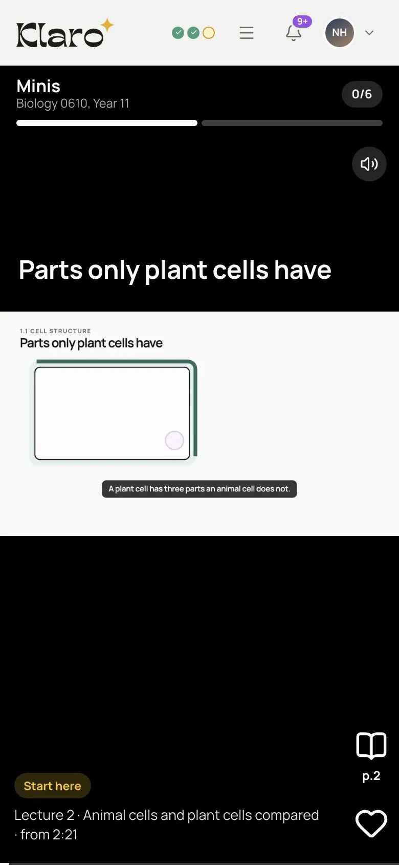 A mini on a phone: a clip of the tutor's lecture on parts only plant cells have, with the book button for page 2